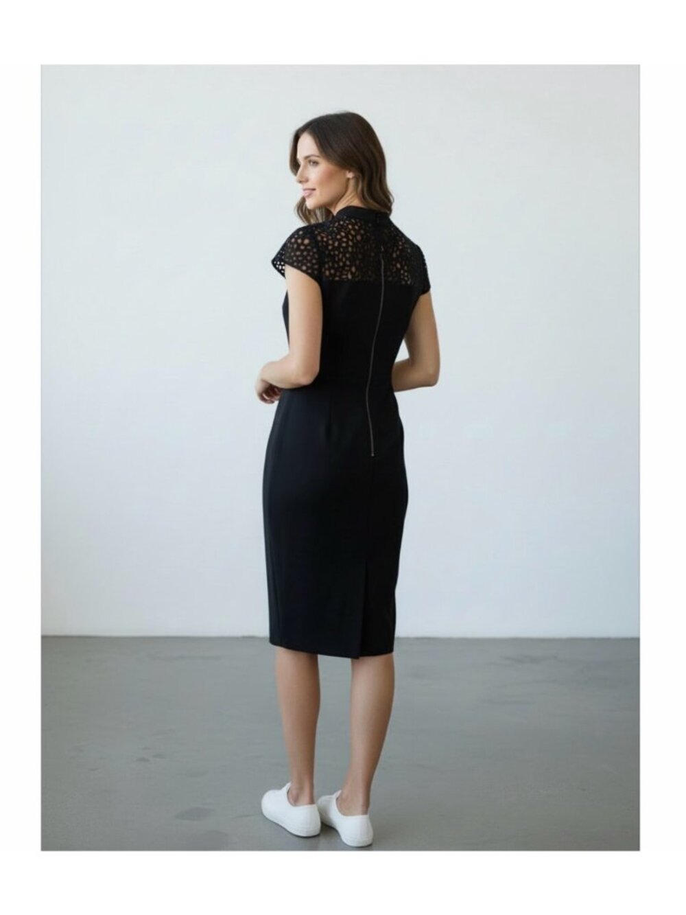Black Dress Bisou Bisou Michele Bohbot size 10 With Laser-Cut Lace Back Zipper - Picture 3 of 10